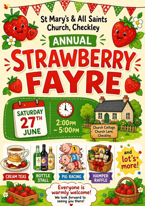 May be an image of strawberry and text that says "St Mary's & All Saints Church, Checkley ANNUAL STRAWBERRY FAYRE SATURDAY 27 TH JUNE 2:00 5:00PM Church Cottage, Church Lane, Checkley 快国 TEAS BOTTLE STALL and lot's more! PIG RACING HAMPER RAFFLE Everyone is warmly welcome! We look forward to seeing you there!"